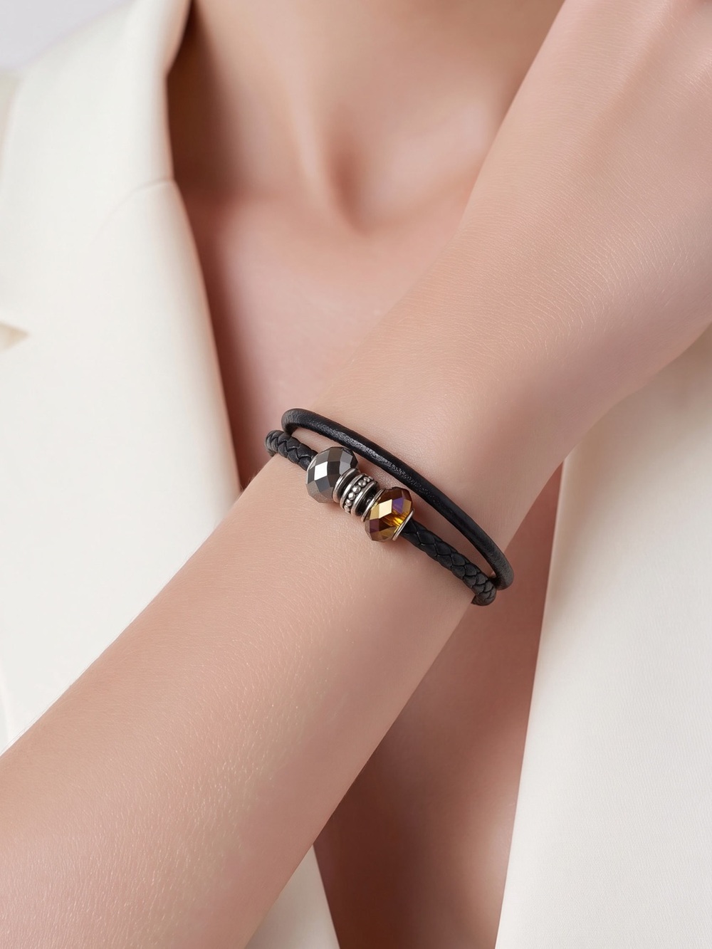 Black Leather Multi-Strand Bracelet with Faceted Accent Bead